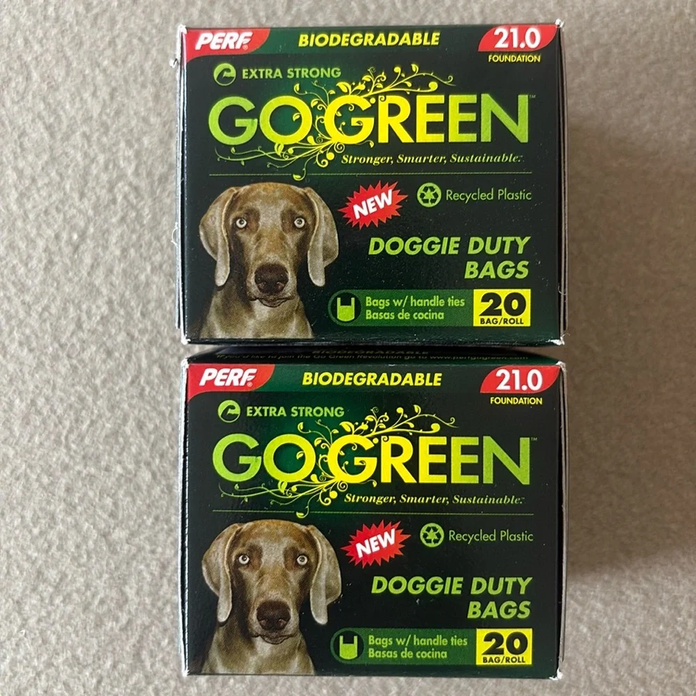 GO GREEN Dog Poop Bag 2 Rolls 20 Ct Each Biodegradable Recycled Handle Dispenser